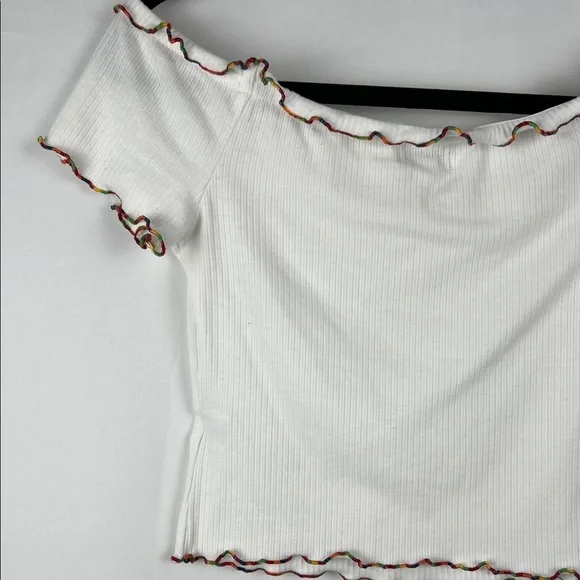 love, Fire White Rainbow Ruffled Off Shoulder Crop Top - Picture 9 of 15